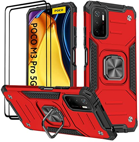 KANSi Coque Compatible pour Xiaomi POCO M3 Pro 5G / Redmi Note 10 5G, Verre Trempé [2 Pièces] + Housse TPU Silicone Rotation 360° Aimant Anneau Support Double Défense - Rouge