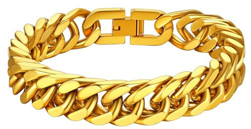 Richsteel 12mm breit goldener Partnerarmband Punk Cuban Gliederarmband Hip pop Kubanische Armskette 21cm lang Panzerarmband für Damen Herren