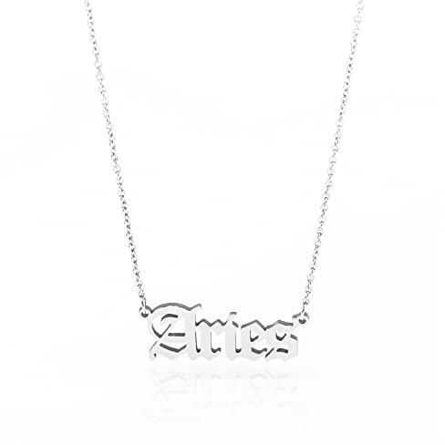 Minegreet Old English Zodiac Necklace for Women, Horoscope Birth Star Sign Letter Astrology Constellation Necklace Birthday Gift (Aries-Silver)