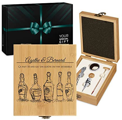 Maverton Coffret du sommelier - Cadeau d'accessoires pour le vin - Set sommelier personnalisé - Pour homme - Coffret gravé pour lui - bouteilles