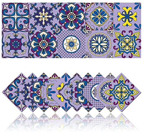 20 Stück Küche Fliesenaufkleber Aufkleber Wanddekoration PVC Wasserdicht Mosaik Retro Style Badezimmer Fliesenaufkleber Wasserfest Klebefliesen (10x10cm,Violett)