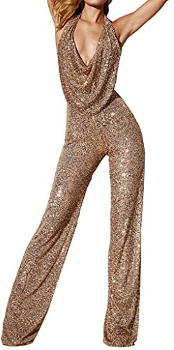 ORANDESIGNE Damen Jumpsuit Elegant Ärmellos Tiefer V-Ausschnitt Hohe Taille Overall mit Pailletten Cocktail Party Festlich Overalls Hosenanzug Playsuit Lang Romper Z Gold 38