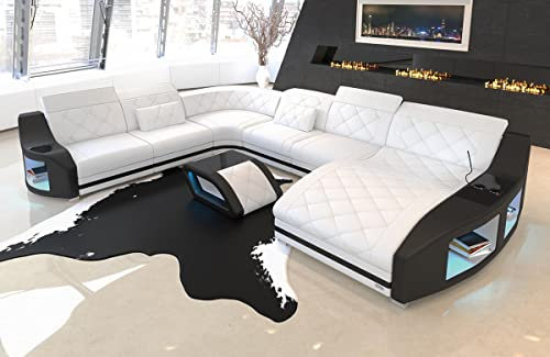 XXL Sofa Wohnlandschaft Swing Ledersofa U Form - mit LED & USB, verstellbare Kopfstützen, Recamiere (Ottomane rechts, Weiß-Schwarz)