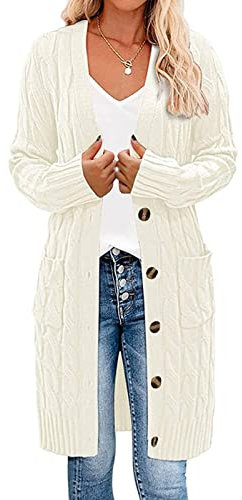Earnmore Womens Long Sleeve Cable Knit Long Cardigan Open Front Button Sweater Outerwear, White, XL