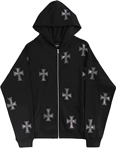 Vagbalena Damenjacke Zip Hoodie Punkjacke Cross Print Übergroßer Hoodie Y2k Loose Zip Hoodie Herrenmode Sweatshirt Paar Streetwear (Schwarz,M)