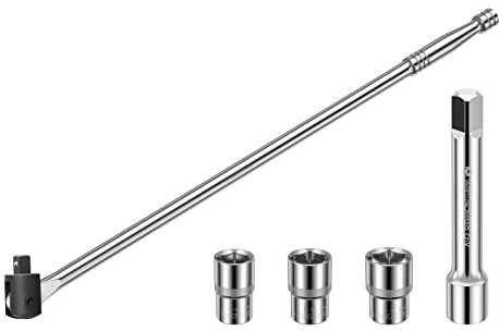 MAXPOWER 24 inch 1/2'' Drive Breaker Bar with Socket Set, 600mm Breaker Bar with 125mm Extension Bar and 17mm, 19mm, 21mm Socket