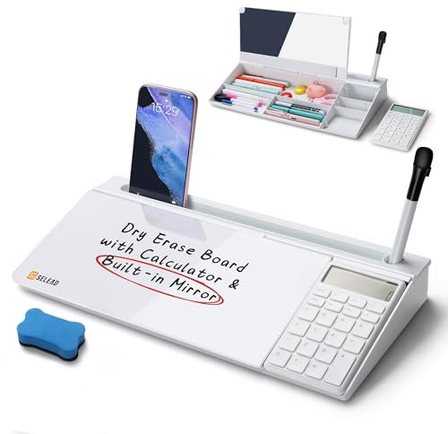 SELEAD Desktop Glass Whiteboard with Calculator & Built-in Mirror, Desk Dry Erase Board Buddy Computer Pad Keyboard Stand with Organizer for Home, School, Office Desk Accessories