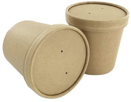 Party Warehouse 50 x 12oz (350ml) Brown Kraft Paper Disposable Food Containers with Lids - Ideal for Soup and Ice Cream - Microwave Safe and Freezer Safe - Cardboard Cups and Lids - 12oz (50)