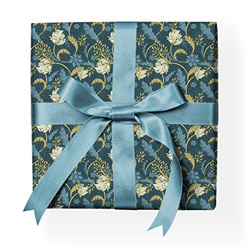 Üppiges Jugendstil Geschenkpapier Set: Klassisches Geschenkpapier mit Tulpen und Blatt Ranken Dekorpapier, Musterpapier zum Einpacken von liebevollen Geschenken, blau, Format: 32 x 48cm, 4 Bogen
