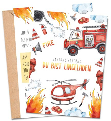 MeinBaby123® 10 Einladungskarten Kindergeburtstag Jungs | süße Geburtstagseinladungen für Kinder | Feuerwehr Einladungskarten | inkl. 10 Briefumschläge | Premium Qualität (Feuerwehr V2)
