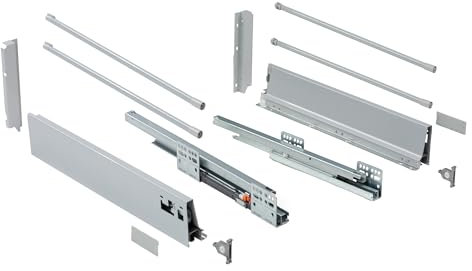 Cajón de cocina AZERODESIGN altura 199mm guías de freno de extracción total, rieles de hasta 50 kg de peso, color en gris laterales regulables, kit de varillas redondas (500mm)