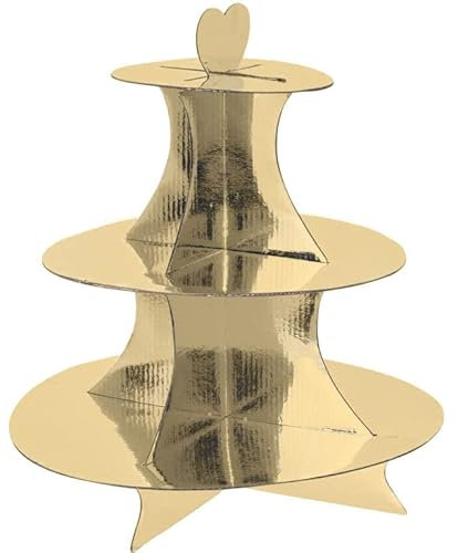 Soporte de cartón de 34 x 30 cm con 3 estantes, color dorado, bandeja para servir con asa en forma de corazón, para postres, magdalenas, cupcakes, tartas, servir, soporte de papel
