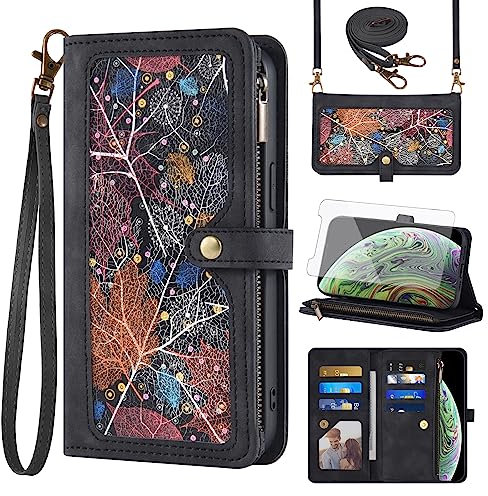 Phone Case for iPhone Xs Max Wallet Cover With Screen Protector Crossbody Wrist Strap Leather Flip Pattern Zipper Credit Card Holder Stand Cell i X XR Xsmax 10x SX Xmax 10xs 10s 10 Plus Xmaxs Black
