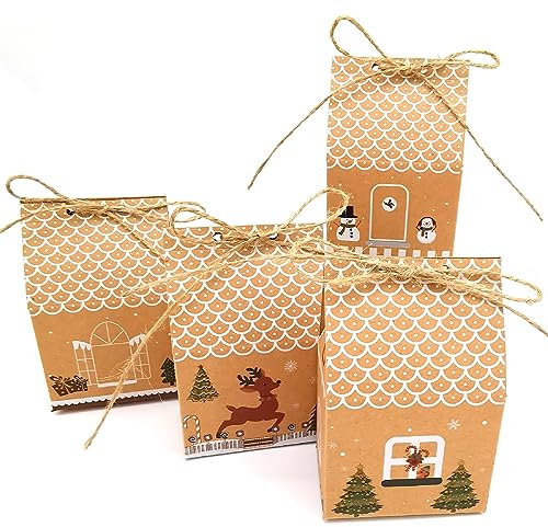 Allbusky Geschenkboxen für Weihnachtsfeiern, Geschenkboxen in Hausform, Kraftpapier, kreative Party-Sets für Weihnachten, Party-Dekorationen (7 x 5 x 10,5 cm, 4 Farben)