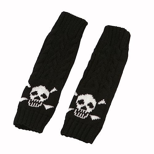 1 Paar Arm Winterwarme,Strickhandschuhe mit Totenkopf-Design,Handstulpen Arm Warmers Goth Halbfingerhandschuhe Winterhandschuhe Lange Armwärmer Fingerlose Handschuhe für Frauen,Schwarz