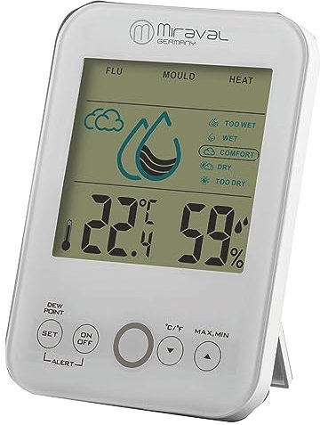 Miraval Raumklimastation: mit Schimmelwarner, 5 Stufen Lüftungsempfehlung, Temperatur- und Luftfeuchtigkeitsanzeige, Taupunkt und Hitze-Indikator