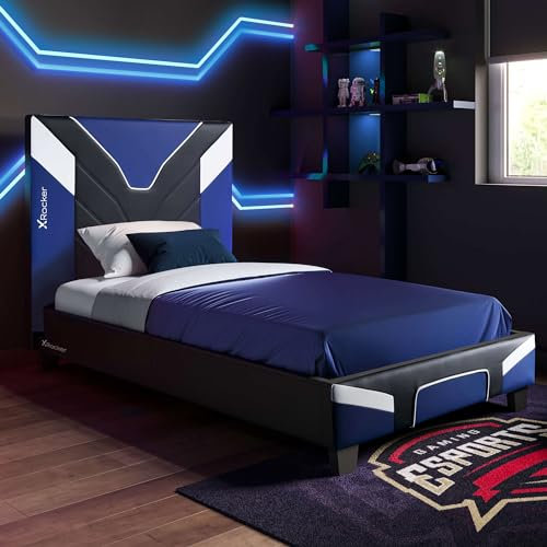 X-Rocker Cerberus Gaming Bed, 3ft Single Bedstead Frame, Wooden Slats, PU Faux Leather Upholstered Headboard, Low Footboard, Ideal for Teens, Kids, Children, Gaming Inspired Blue Black White 90x190cm