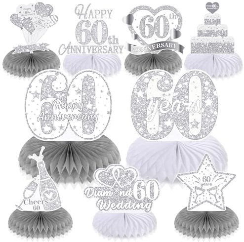 RUMIA 9Pcs 60th Wedding Anniversary Decorations Happy 60th Diamond Wedding Anniversary Honeycomb Centerpiece 60th Wedding Anniversary Table Toppers Centerpiece Decorations