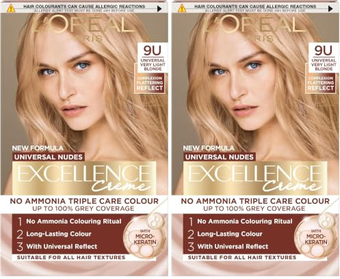 L’Oréal Excellence Permanent Hair Dye Colouring Cream, 100% Grey Coverage, With Pro-Keratin + Ammonia-Free, Universal Nudes, 9U V. Light Blonde (Pack of 2)