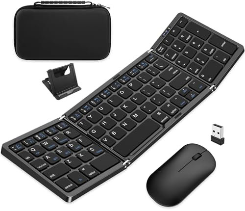 Foldable Keyboard and Mouse, EDJO Folding Wireless Keyboard Mouse Combo with Portable Case, Rechargeable 2.4G+Bluetooth Multi-Device Combo for Windows, iOS, Android, MacOS PC/Laptop/Tablet