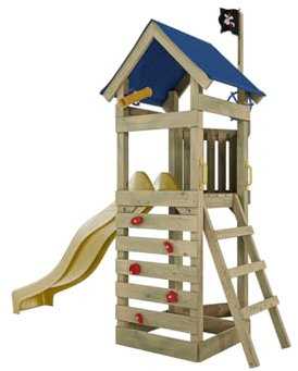 Outgarden Spielturm Klettergerüst Captain Jolly aus KDI-Holz | Spielhaus mit gelber Rutsche | mit Sandkasten, Leiter & Kletterwand | Outdoor Stelzenhaus für Kinder und Garten | 313 x 156 x 258 cm
