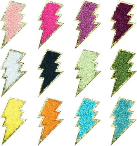 12 PCS Golden Edges Lightning Iron On Patch Bolt Patch Chenille Embroidery Patche Sew On Patch for DIY Hats Bags Clothes (Lightning)
