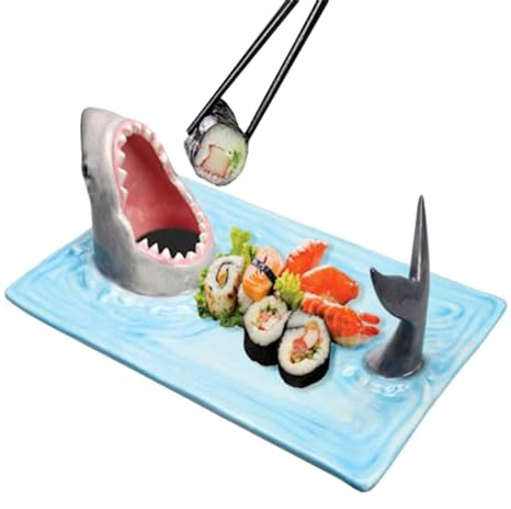 Hailerio Shark Sushi-Teller, Sushi-Teller Aus Keramik, Handbemalt Hai Sushi-Teller Mit Sojasaucenhalter Und Essstäbchenablage, Rechteckig Käsebrett Esstisch Küche Dekoration