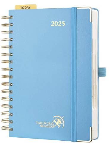 POPRUN Kalender 2025 Tagesplaner Ringbuch mit Hardcover 21,5 x 14,5 cm, Tageskalender A5 1 Tag 1 Seite (Montag - Sonntag), Terminplaner (Jan.2025-Dez.2025) mit Plastiklineal - Dunstblau