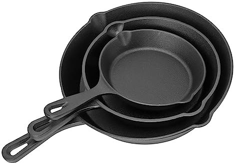 Juego de sartenes premium de hierro fundido sin revestimiento, diseño de 3 piezas con muescas para cocinar antiadherente, sartén ideal de 25 cm y sartén para tortillas, calidad multifuncional, fácil