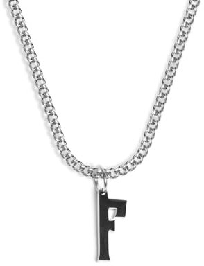 Initial Buchstabe Kette mit Anhänger für Herren und Damen - Streetwear Cuban Halskette mit Letter Initial Anhänger aus 316L Edelstahl in Silber - Wasserfeste Kette - 50-55cm Länge verstellbar (F)