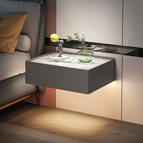 Modern Dark Gray Floating Nightstand with Charging Station and LED Lights - Ideal Bedside Table for Bedroom and Living Room - White Nightstand with Drawers