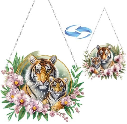 CXINLky DIY Diamond Art Painting Anhänger mit Kette, Tier Diamant Painting Fensterbilder, Kreatives 5D Diamond Malerei Wandbehang Kits für Fenster Wand Garten Decor-10-Tiger