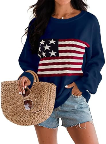 Dressmine Damen-Pullover mit amerikanischer Flagge, Strick, langärmelig, Rundhalsausschnitt, Grafik, elegant, weich, lockerer Pullover, Marineblau, XL