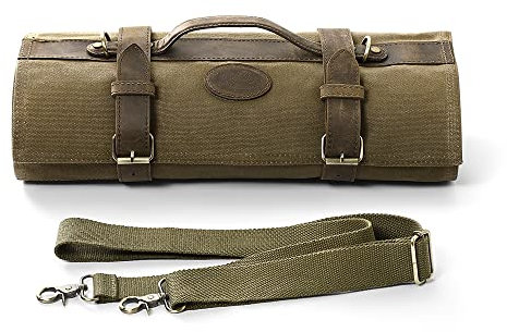 HEZHEN Chef Rollo de Cuchillos Bolsa,16oz Aceite Encerado Lona, 12 Ranuras & 2 Bolsillos con Cremallera, Ajustable Hombro Correa de Cuero (Cuchillos No Incluidos)
