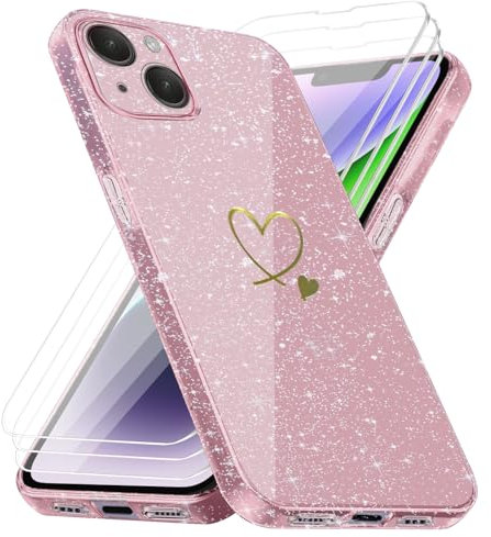 Handyhülle Kompatibel mit iPhone 14 mit 3 Stücke Schutzfolie, Weich TPU Anti-Fingerabdruck Hülle, Glitzer und Absturzsicherung Schutzhülle (Rosa)