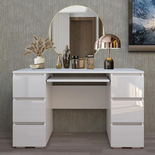 LSLIFE White High Gloss Dressing Table, Modern 6 Drawers Study Table Computer Desk with Sliding Keyboard Storage PC Workstation Dressing Table for Home Office Bedroom 120 (L) x 70(H) x 50(W) cm