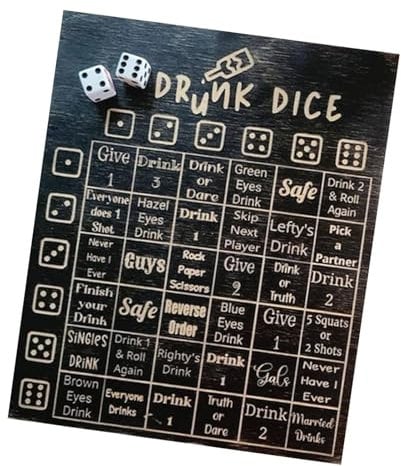 Trinkbar Würfelspiel, Würfeltrinken Challenges Brett, Trinkspiel Bretter mit 2 Würfeln für Erwachsene, Freundin, Freunde, Familie