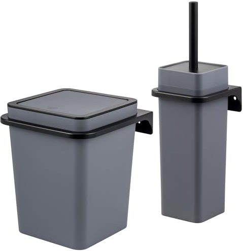 bremermann eckiges 2tlg. Bad-Set Savona mit gummierter Softtouch-Oberfläche inkl. Wandhalterung zum Kleben oder Bohren, moderner Kosmetikeimer 5,5 Liter und WC-Garnitur aus Kunststoff (Grau)