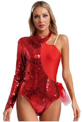 MSemis Damen Pailletten Ballett Trikot Glitzer Turnanzug Asymmetrische Schulter Langarm Tanzbody Ballettanzug Tanzkostüm