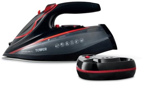 Tower T22035RED Cord/Cordless Steam Iron with Ceraglide XL Ceramic Soleplate, Thermostatic Dial Control, Anti-Calc & Anti-Drip Functions, Auto Shut Off, 350ml Water Tank, 3100W, Red & Black