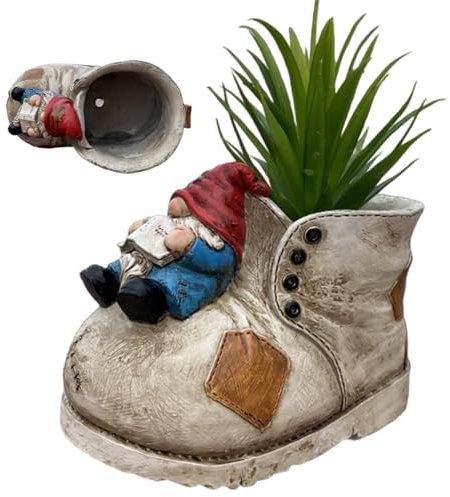 JZLEJC Cowboy Boot Vase with Gnome, Waterproof Resin Flower Planter for Succulent, Indoor Plants, Garden, Yard Decor