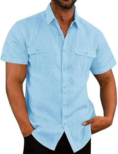 2025 Chemise Lin Homme Manches Courtes Boutonnée Chemises Coton et Lin pour Hommes Été Décontractée T-Shirt de Couleur Unie Leger Respirant Casual de Plage Classique Grande Taille Pas Cher