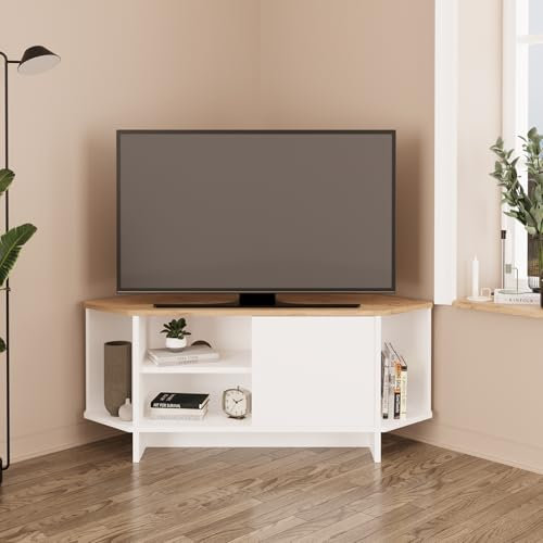 Bimossa Teo Corner TV Stand – Space-Saving TV Unit for 43–48'' TVs, Compact Media Console with Open Shelves & Cabinet, Ready to Assemble, Available in 5 Colours (Oak&White)