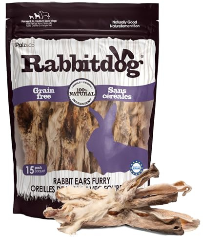 Palz&Co RabbitDog Rabbit Ears - Furry - 15 Pack of 100% Natural Single Ingredient Chew Treats - Grain Free, High Protein, Chewy and Crunchy Texture