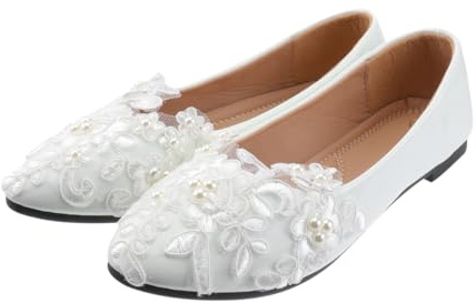 Healvian 1paire Chaussures De Mariage Plates pour Femmes Dentelle Et Perles Ballerines Blanches Élégantes pour Cérémonies Et Vie Quotidienne