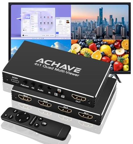 ACHAVE 4x1 HDMI Multiviewer Switch 2x1 3x1, 4K@30Hz 1080P@60Hz Quad Screen Splitter with 10 Display Modes, Seamless Switching, IR Remote Control, Compatible with Laptop, Xbox, TV Box