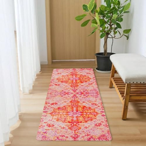 ZDLLDZ Tapis de Couloir Style bohème Vintage, Lavable et antidérapant, en Polyester, orné de Motifs Floraux complexes dans des Tons Orange Vif, Rose et Rouge (90 x 150 cm/Personnalisable)