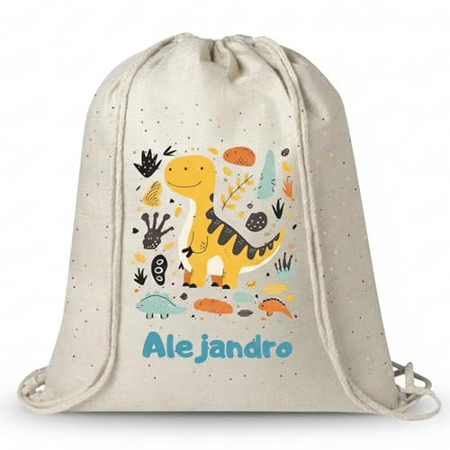 Gifters | Mochila de Cuerdas Personalizada Dinosaurio | Bolsa Bebé con Nombre 34 x 42 cm | Saco Infantil de Tela para el Cole | Talega Guardería Personalizada | Bolsa Ropa Escuela Infantil Grabada