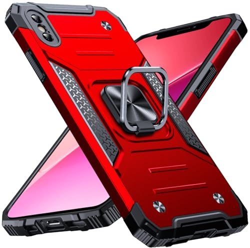 Anqrp Heavy Duty Case for iPhone X/XS Case with Enhanced Ring Holder Grip Stand, Military Grade Shockproof Rugged Drop Protective Silicone Hard Slim iPhone X/XS Phone Case Cover,Corail Red