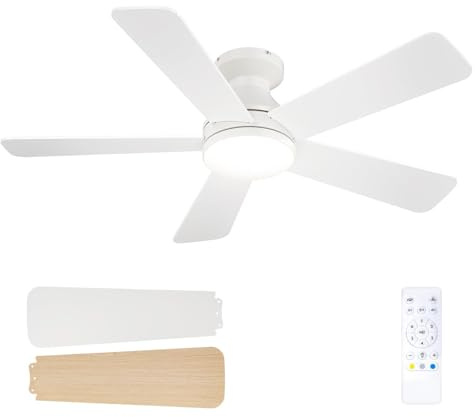 Passky Ventilatore da soffitto da 107 cm con illuminazione e telecomando, motore DC silenzioso, 6 velocità, lampada LED dimmerabile, 3 temperature di colore, bianco